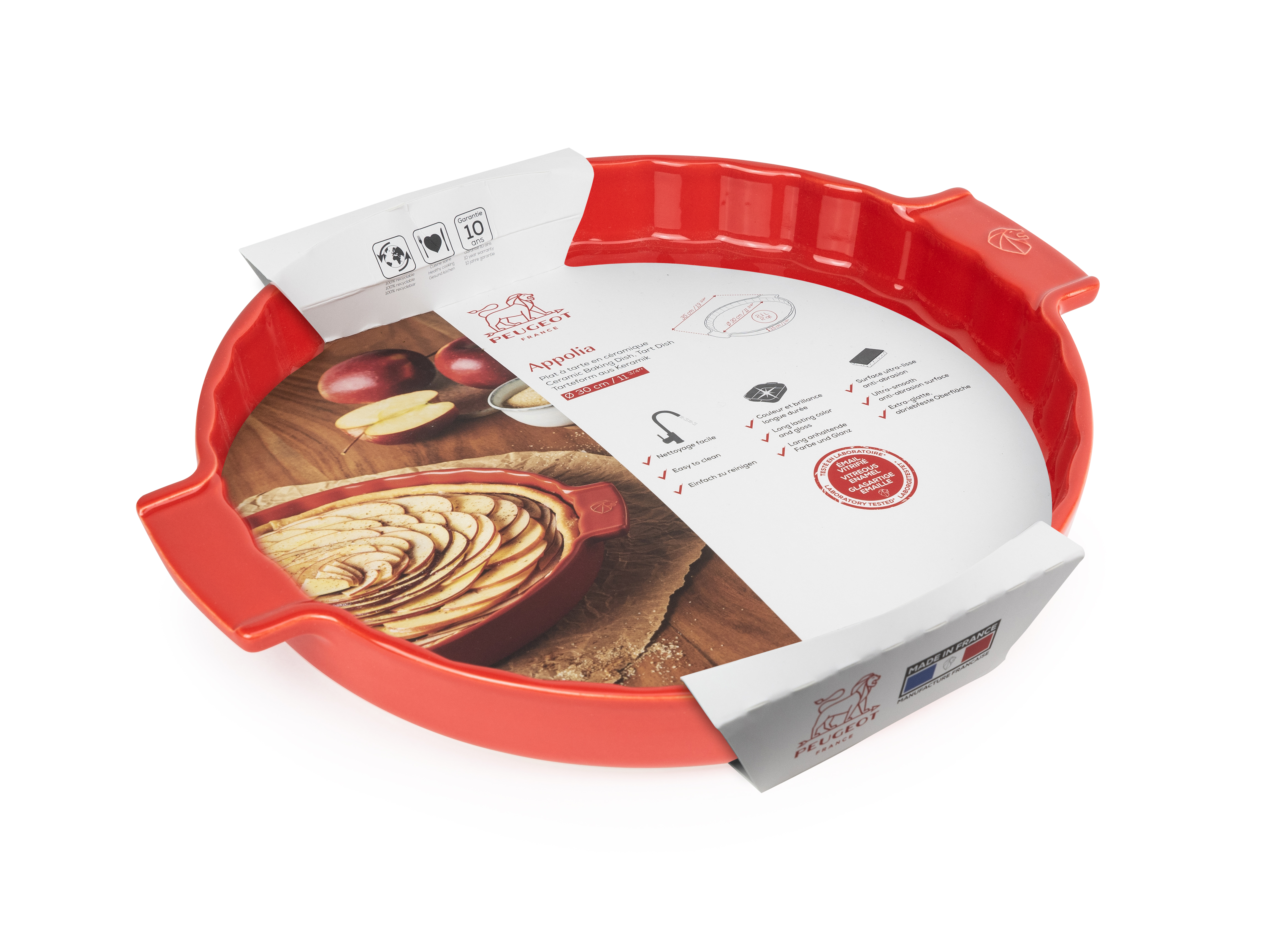 Steinzeug Tarteform / Backform mit Ohren, Rot, Peugeot, 30cm