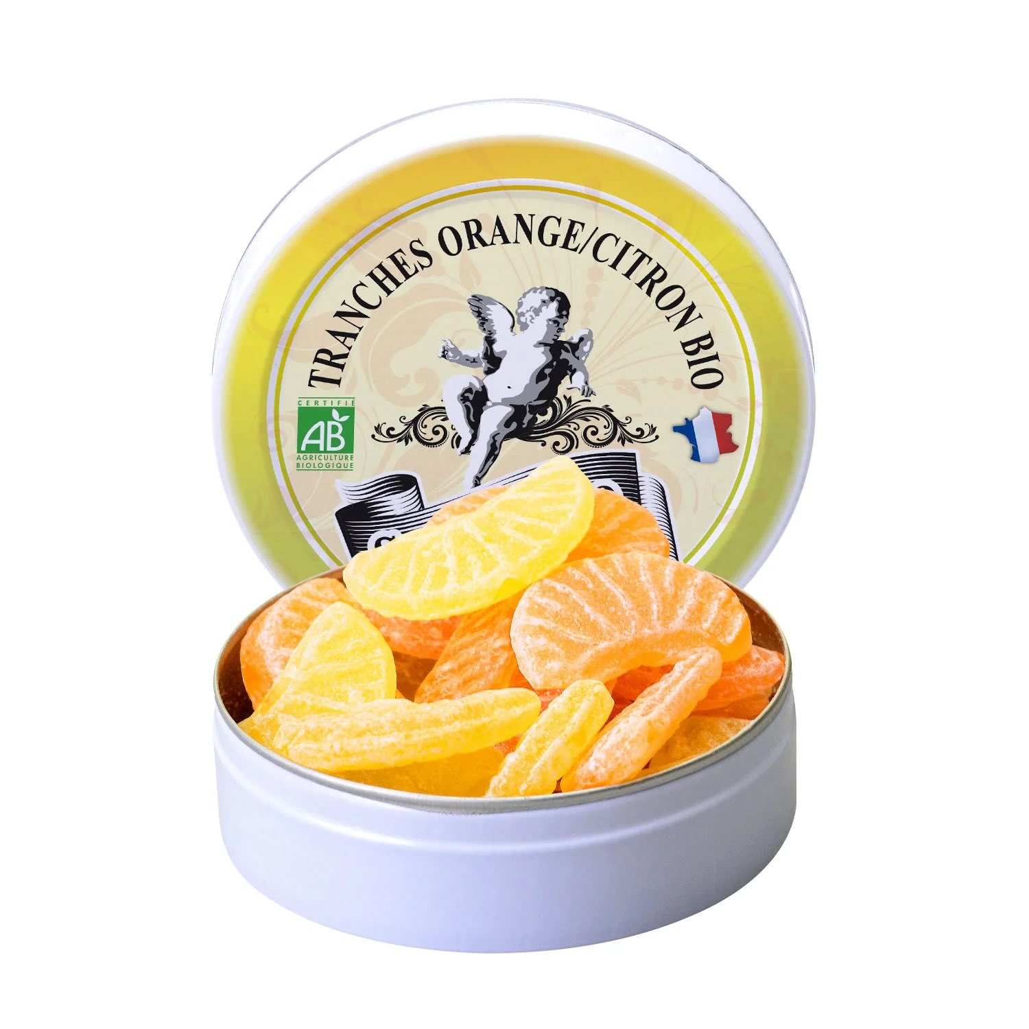Bio-Bonbon mit Bio-Orange & Bio-Zitrone in schöner Metalldose, Bonbon France, 50g